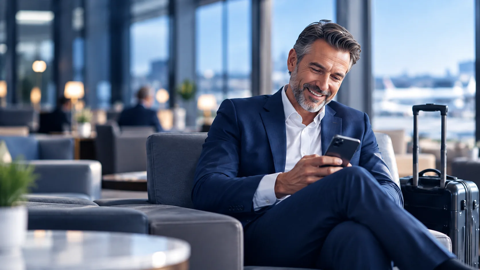 Unternehmer nutzt in der Business-Lounge sein Smartphone