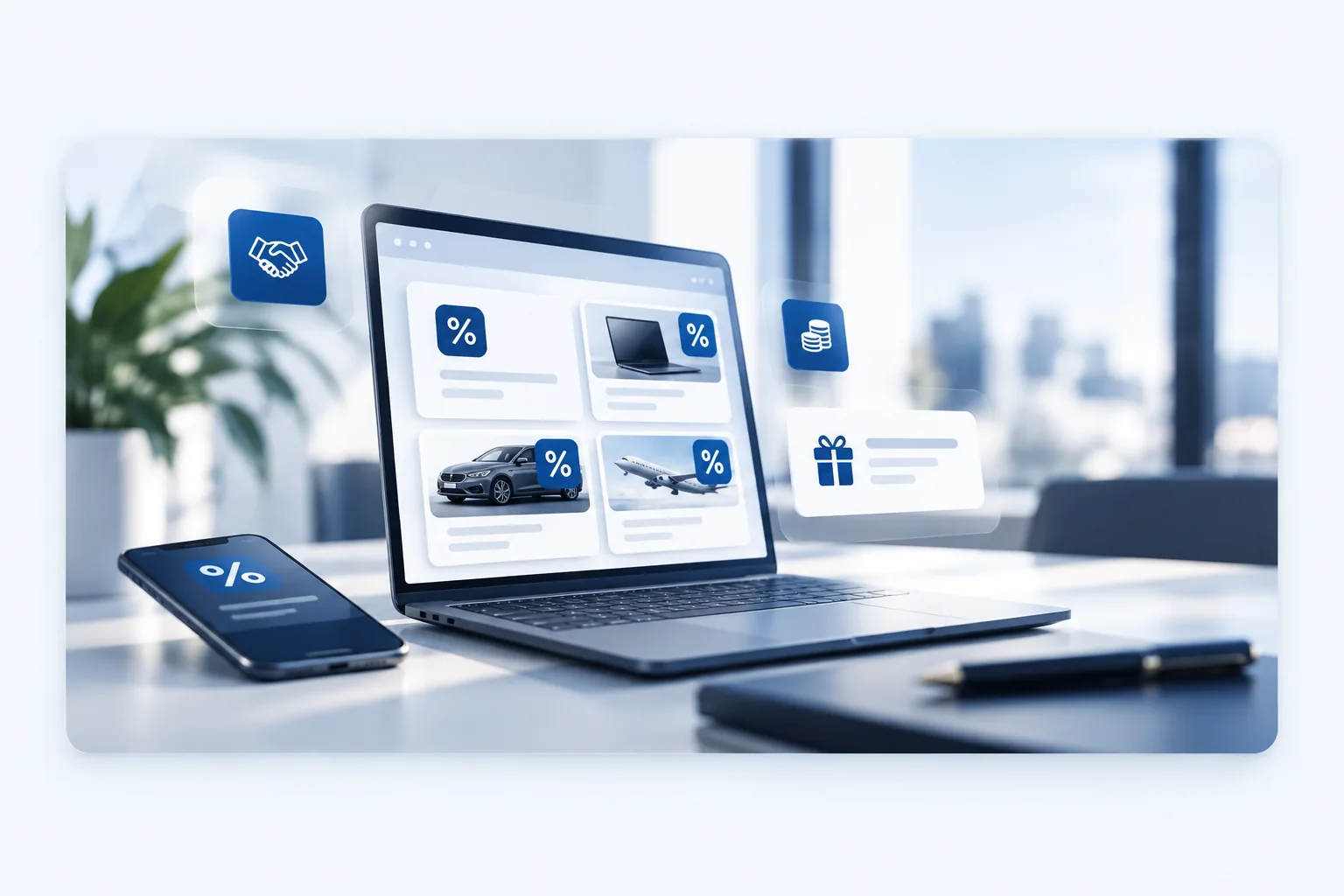 Laptop und Smartphone zeigen exklusive Rabattangebote für Unternehmer